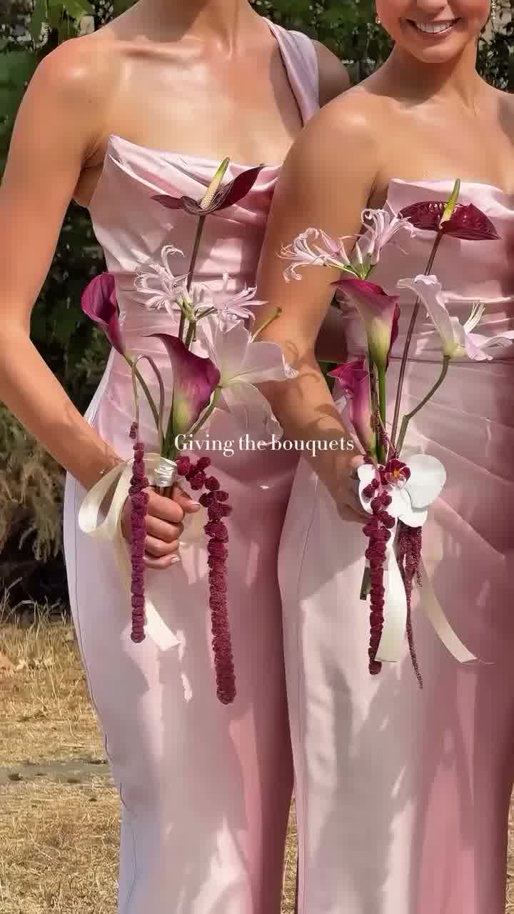 bridesmaid dresses woodbridge Amanda-Lina's CALYPTRA Burgundy A line Satin Collection:Sunset Botanica garden ceremonies